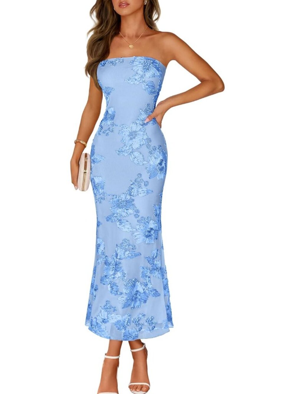 Women's Floral Strapless Maxi Dress Blue Summer Mesh Bodycon Formal Dress